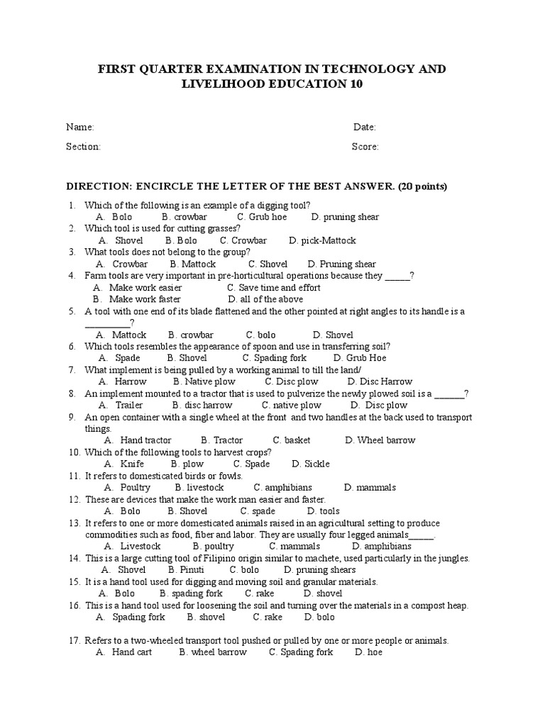 First Quarter Examination in Technology and Livelihood Education 10