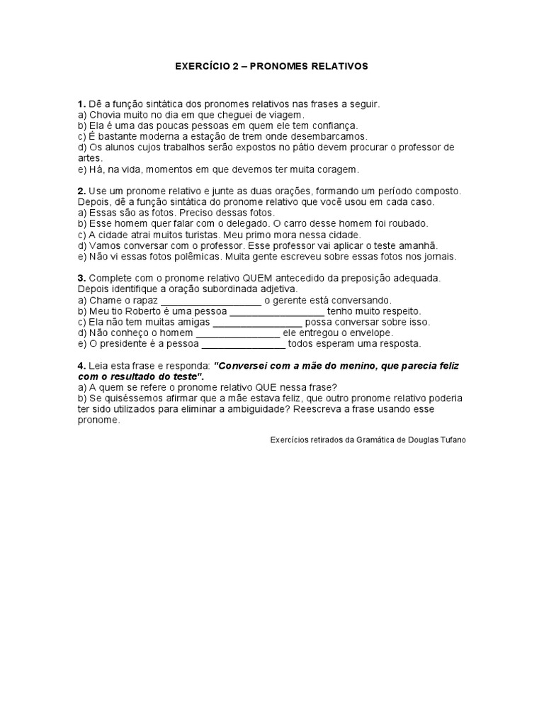 Exercício 2 - Pronomes Relativos | PDF | Artes Linguísticas e Disciplina