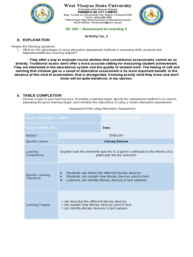 Assessment of Learning 2 Activity No. 2 | PDF | Educational Assessment ...