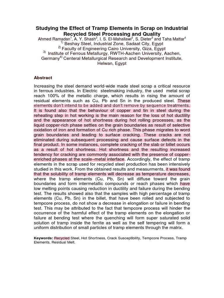 Studying The Effect of Tramp Elements in | PDF | Steel | Scrap