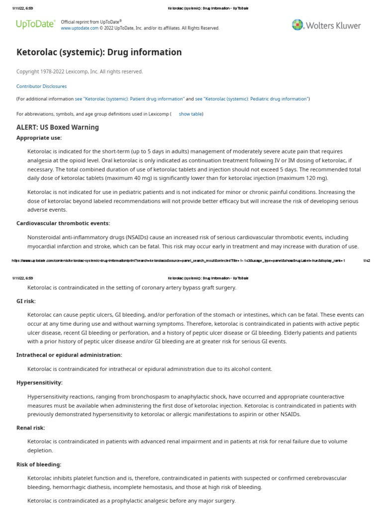 Ketorolac (Systemic) Drug Information UpToDate PDF Nonsteroidal