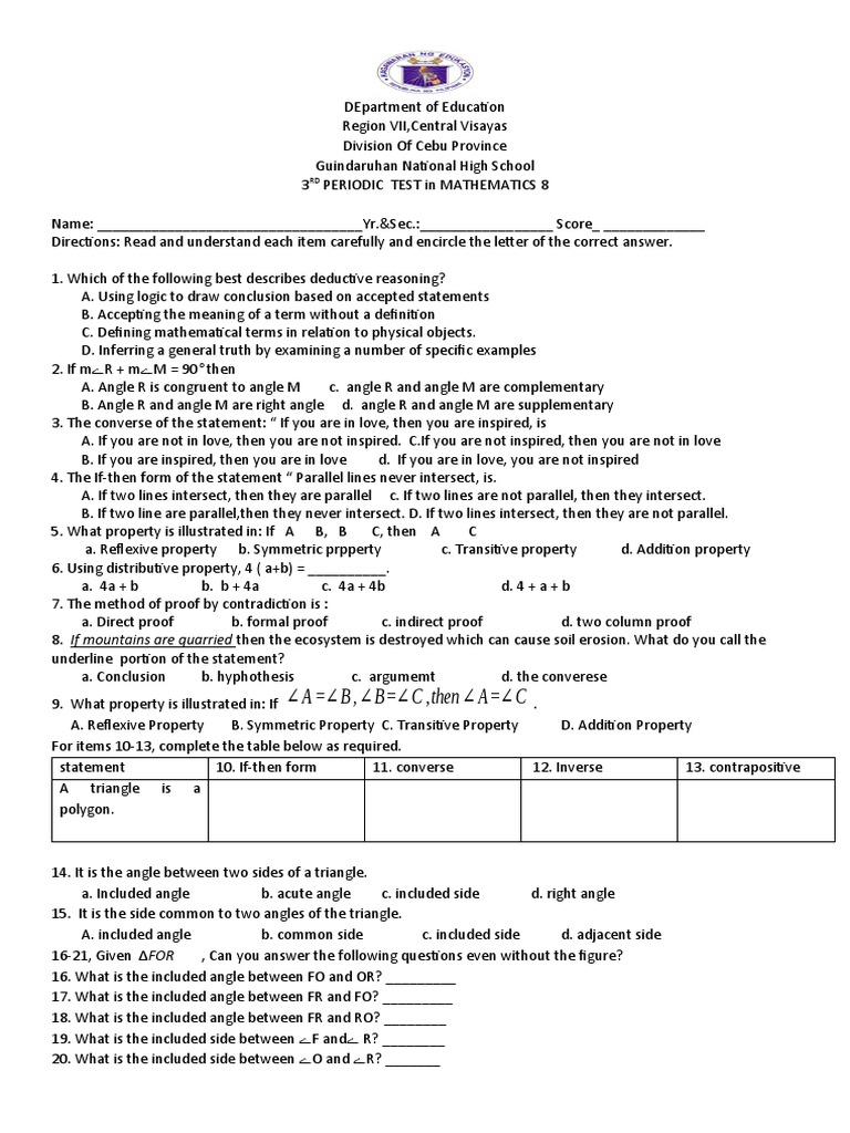 Math 8 Periodic Test Questions | PDF | Geometry | Mathematics