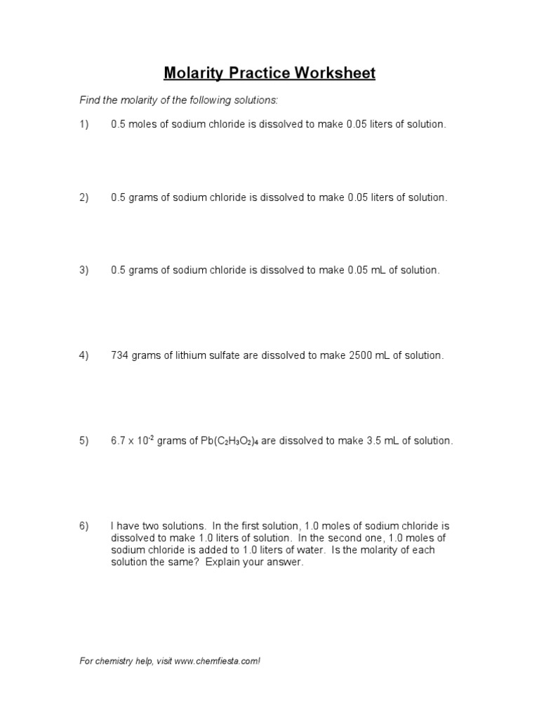 Molarity Practice Worksheet | PDF | Molar Concentration | Solution