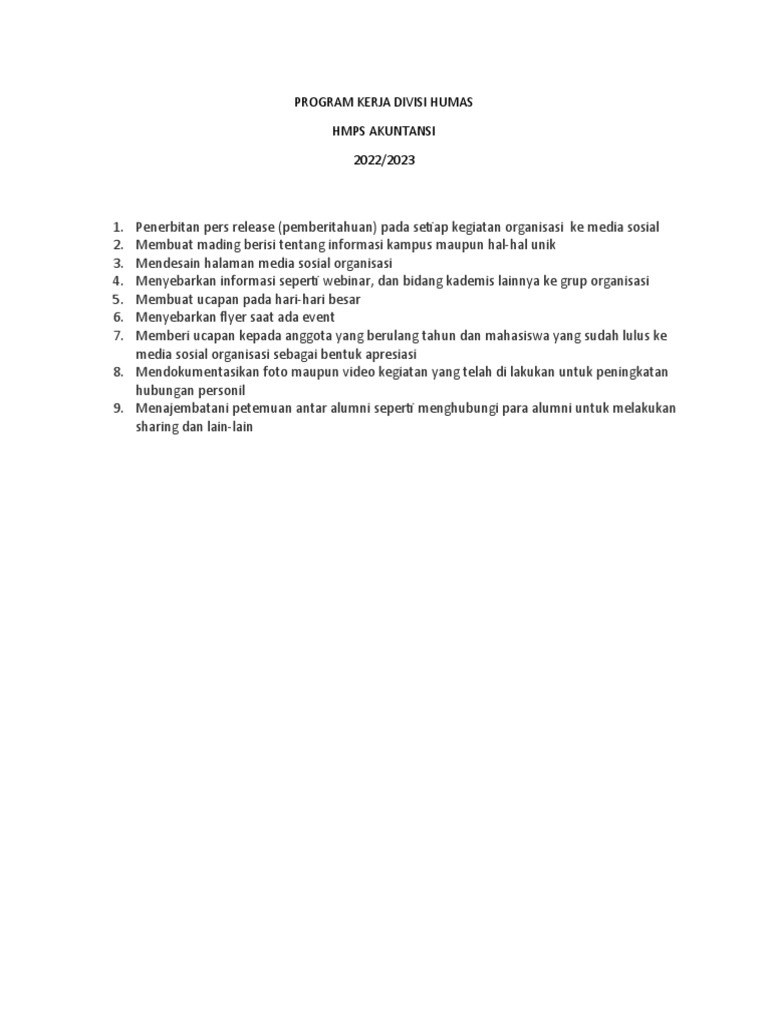 Proker Divisi Humas HMPS Akuntansi 2022/2023 | PDF