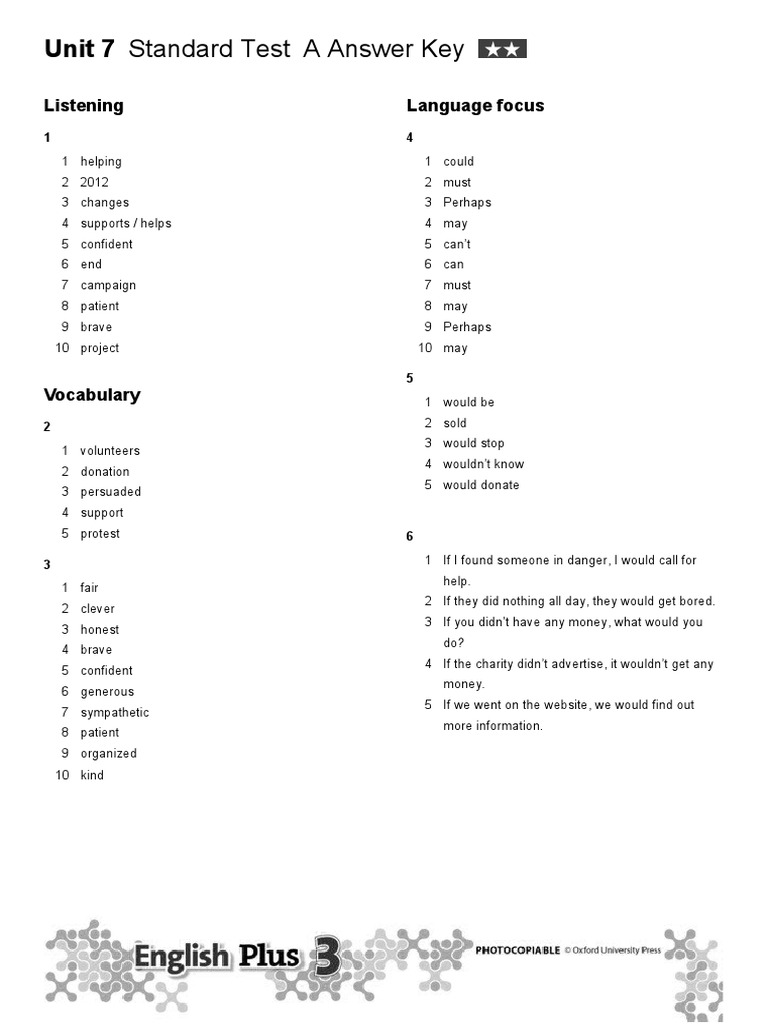 Unit 7 Standard Test A Answer Key | PDF