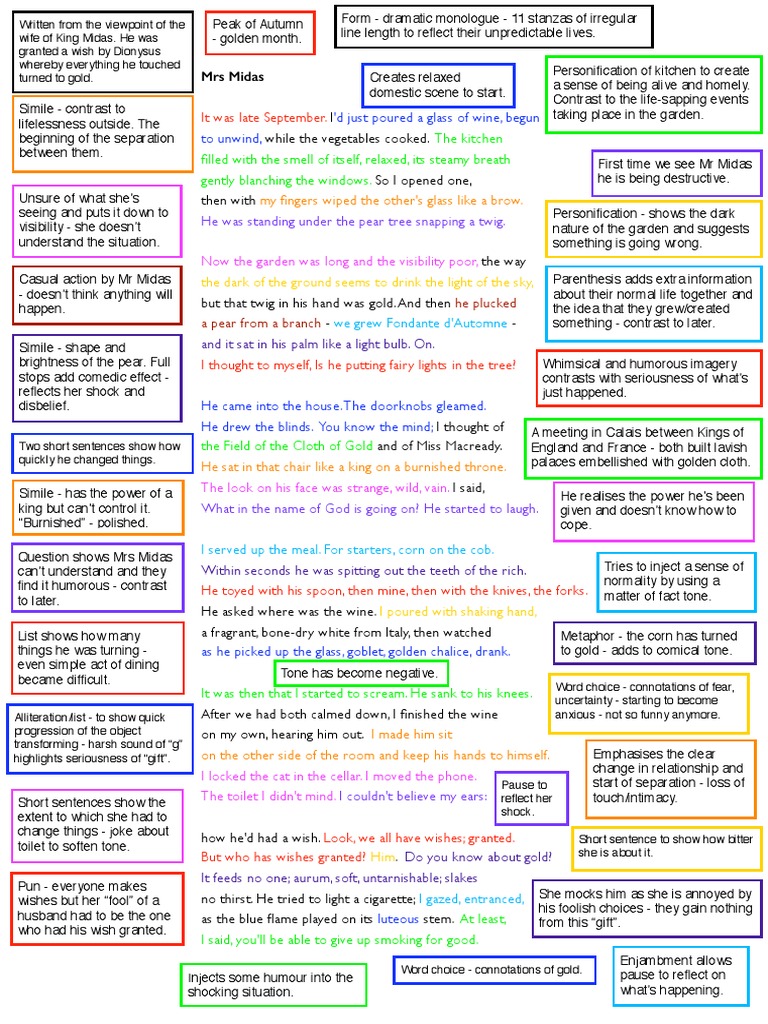 Mrs Midas Poem Quotes Carol Ann Duffy Set Text Revision Booklet