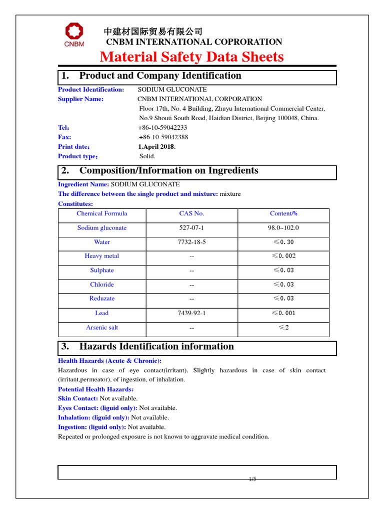 MSDS Sodium Gluconate PDF Toxicity Personal Protective Equipment