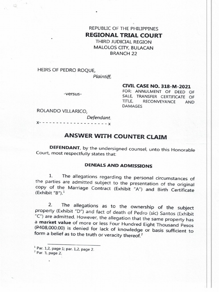 Answer With Counter Claim | PDF
