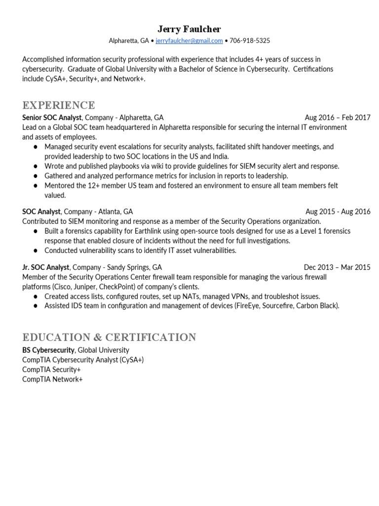 SOC Analyst Resume of Jerry Faulcher | PDF | Computers | Technology ...