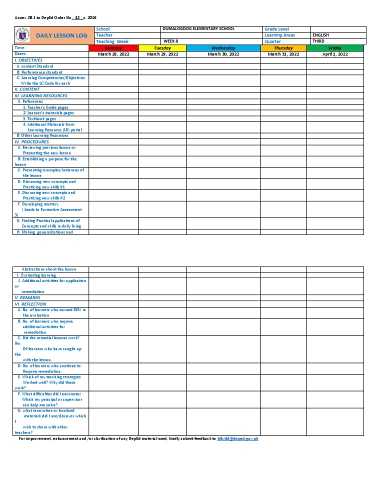 What Is Daily Lesson Log Sample