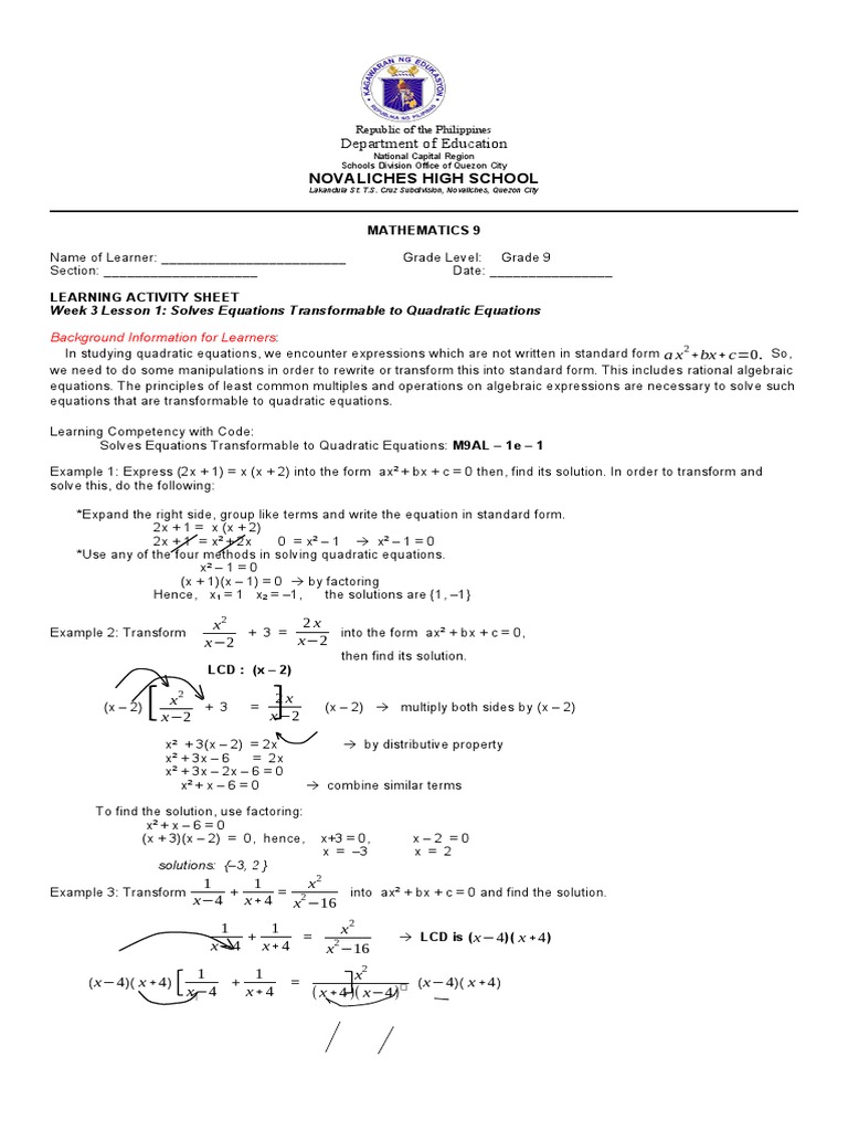 Week 3 Math 9 1 Lesson On Transformable Equations | PDF | Equations ...
