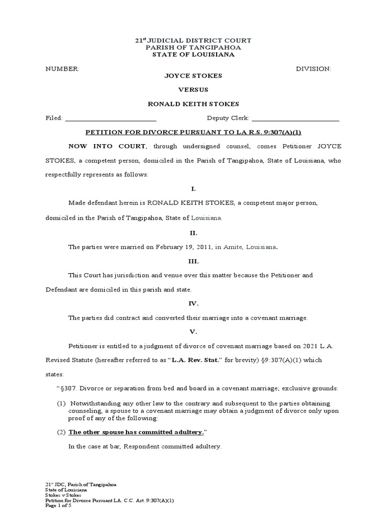 Petition for divorce pursuant to 2011 l a revised statute s9 307 a