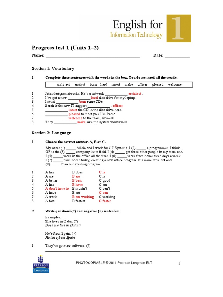 Progress Test 1 Units 1 2 | PDF | Laptop | Software Development