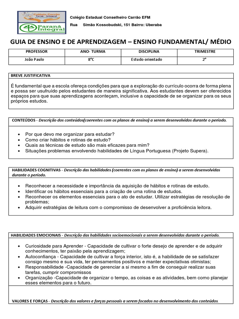 Guia de Estudo Orientado 8º Ano | PDF | Aprendizado | Ciência cognitiva