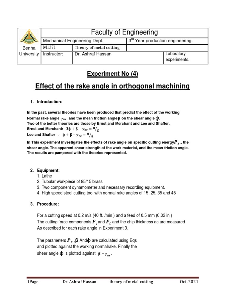 Exp 4 Effect of Rake Angle in Orthogonal Machining PDF