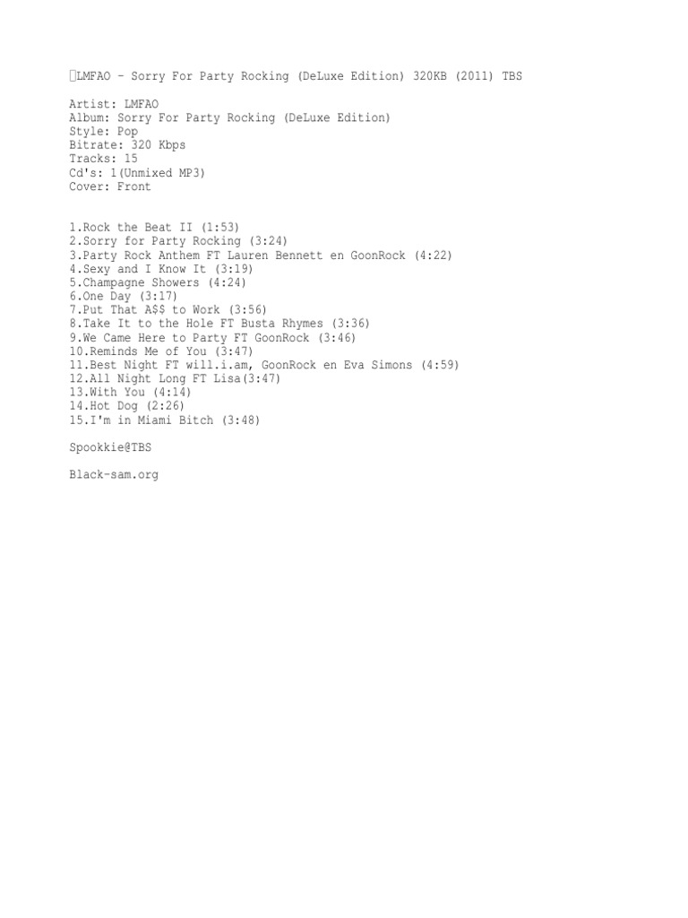 LMFAO - Sorry For Party Rocking (DeLuxe Edition) 320KB (2011) TBS | PDF
