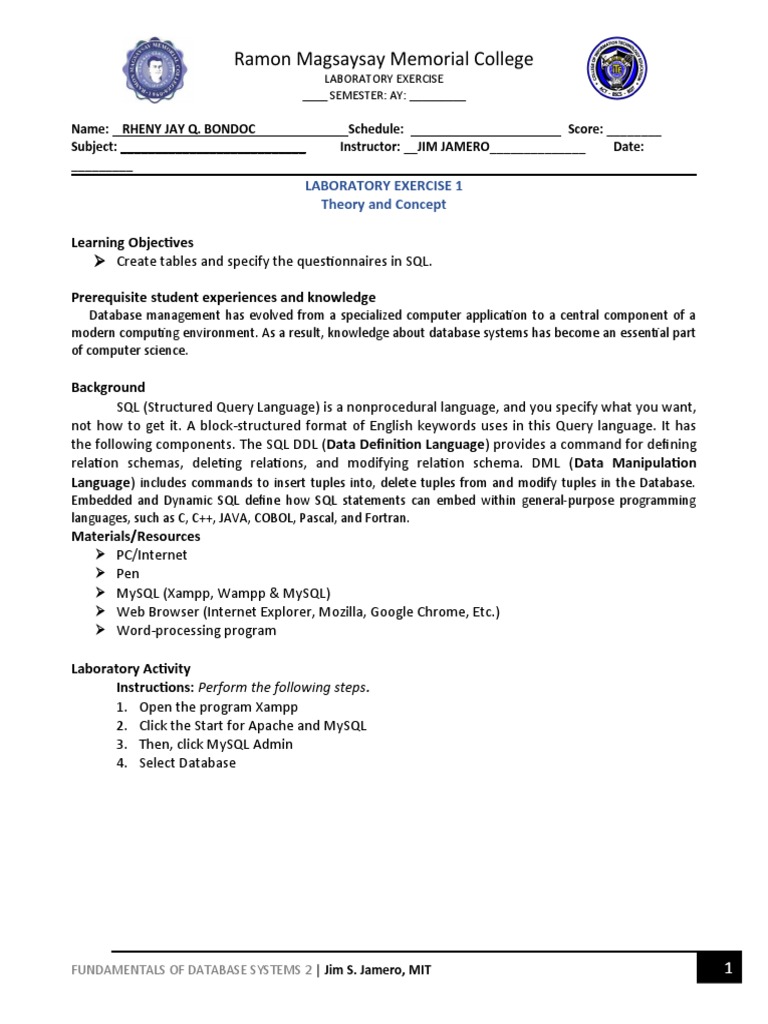 Lab 1 Database Pdf Sql Databases