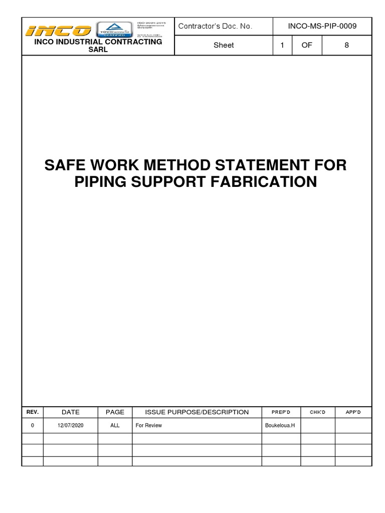 Piping Support Fabrication Method Statement | PDF | Pipe (Fluid ...