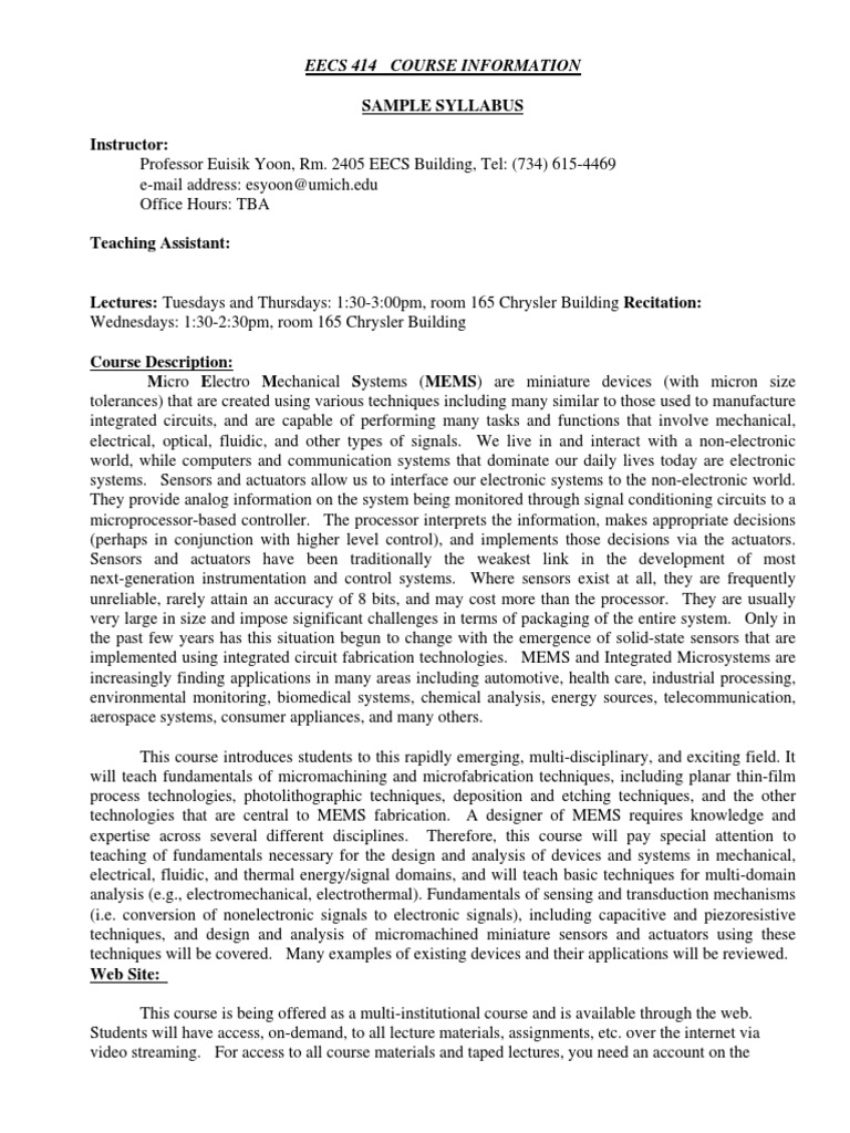 EECS 414 Sample Syl | PDF | Microelectromechanical Systems | Chemistry