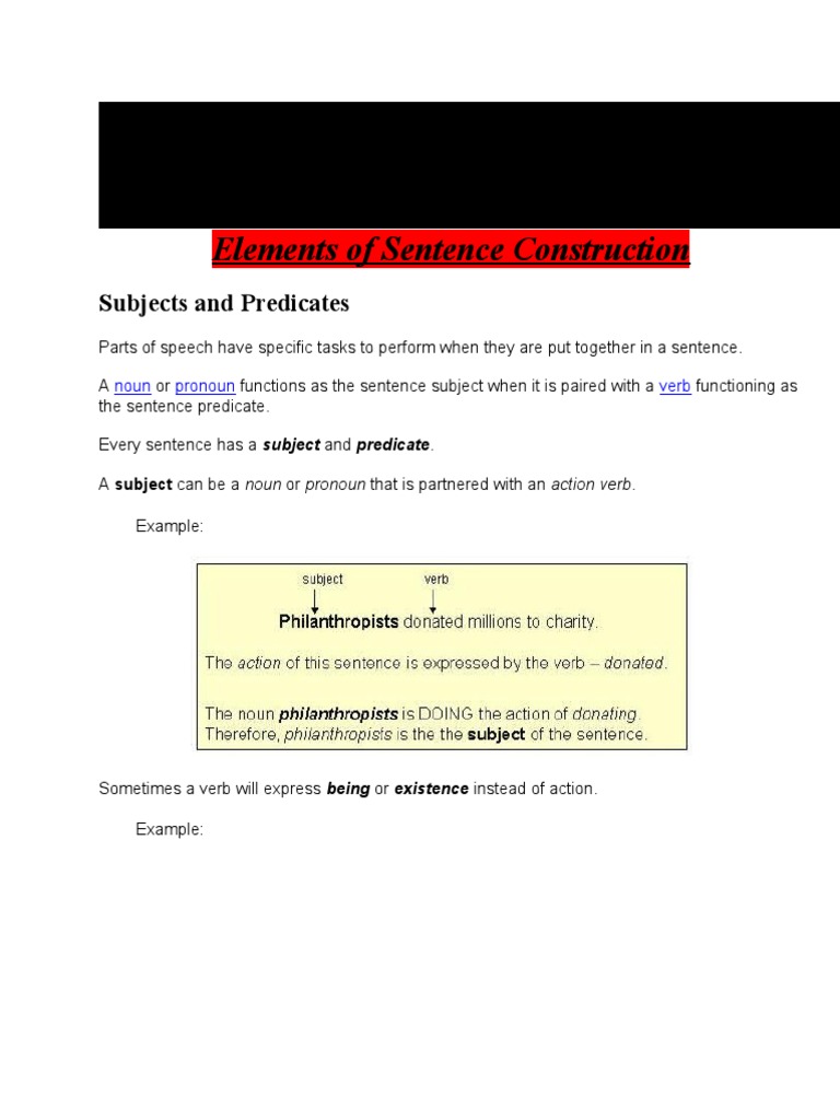Elements of Sentence Construction PDF Subject (Grammar) Verb