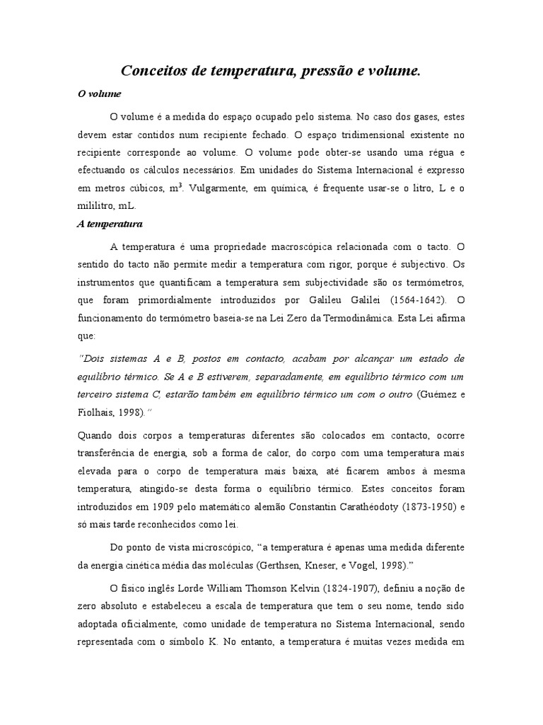 Conceitos de Temperatura, Pressão, Volume e Calor | PDF | Temperatura ...