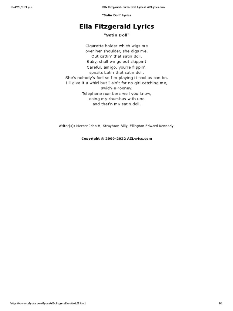 Ella Fitzgerald Satin Doll Lyrics PDF