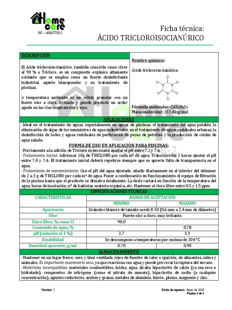 Acido Tricloro Isocianurico | PDF | Agua | Cloro