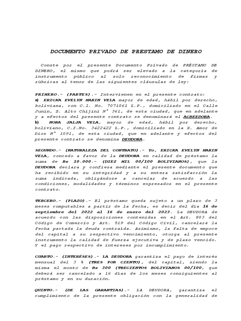 Contrato Simple de Préstamo de Dinero | PDF | Pagos | Derecho civil ...
