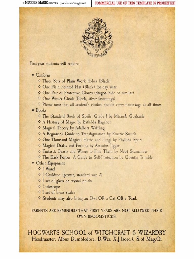 Lista de Materiales para Hogwarts PDF