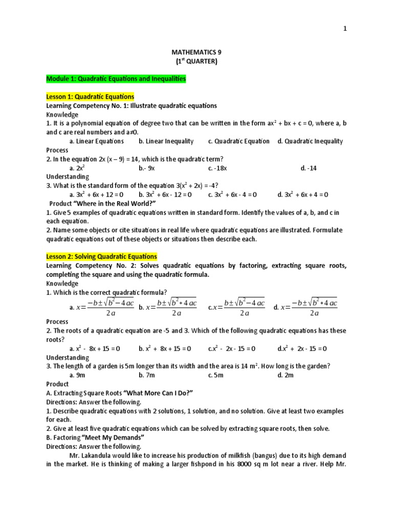 1ST Quarter Grade 9 | PDF | Quadratic Equation | Equations