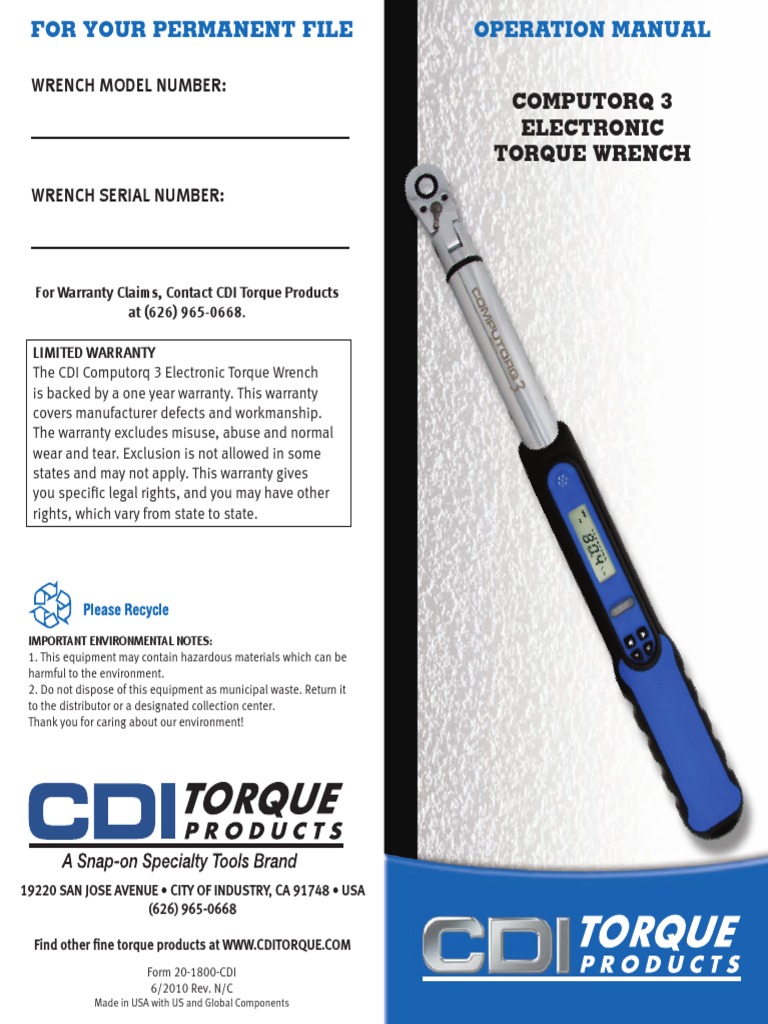 Computorq 3 Torque Wrench Manual | PDF | Torque | Manufactured Goods