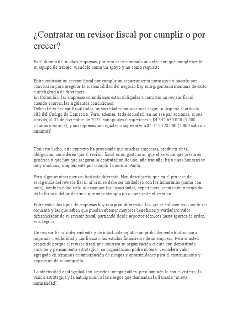 Contratar Un Revisor Fiscal Por Cumplir o Por Crecer | PDF | Salario ...