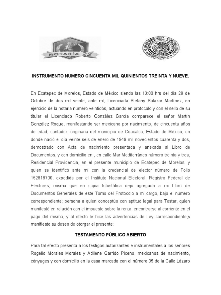 Testamento Público Abierto en Ecatepec | PDF | Voluntad y testamento ...
