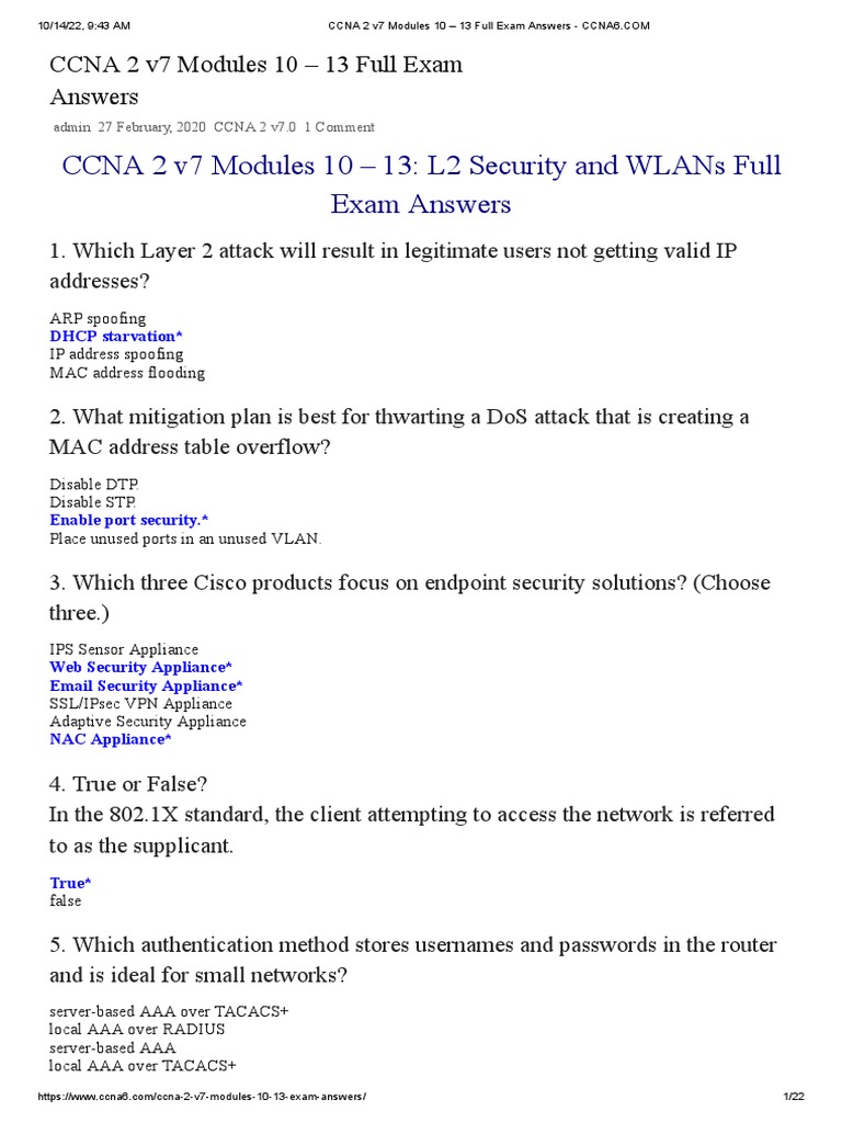 Ccna 2 V7 Modules 10 13 Exam Answers
