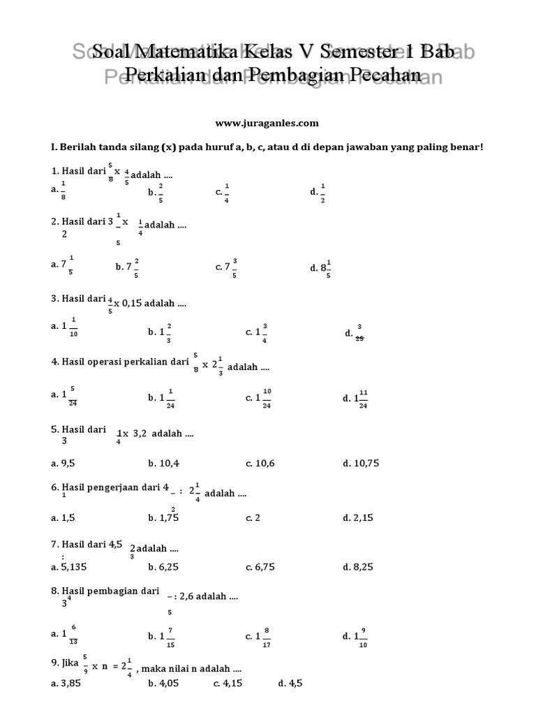 Soal Matematika Kelas 5 K13 Perkalian Dan Pembagian Pecahan Pdf
