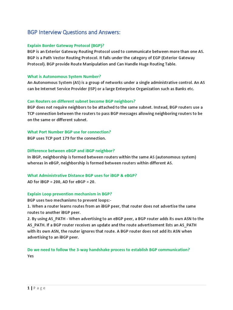 41BGP Interview Questions and Answers PDF Routing Router