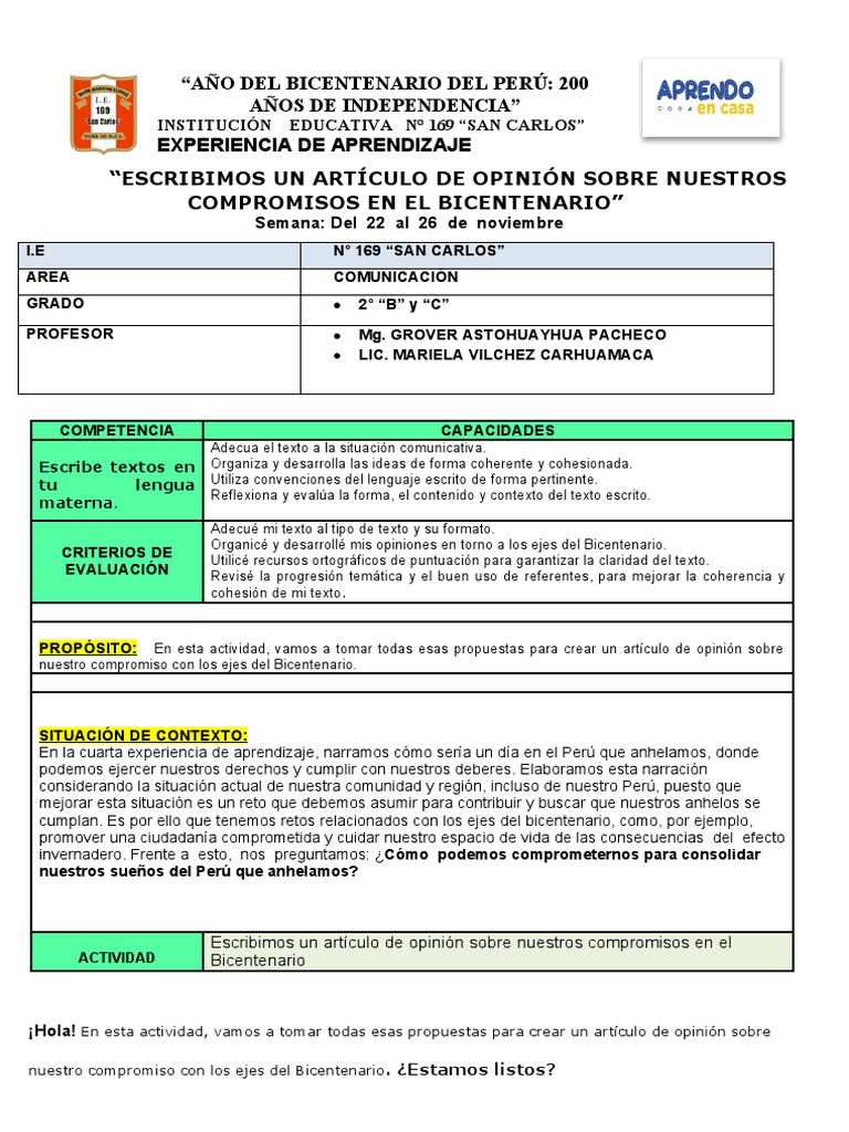 Planificación De Actividades 2 Sec Semana Del 22 Al 26 De Noviembre