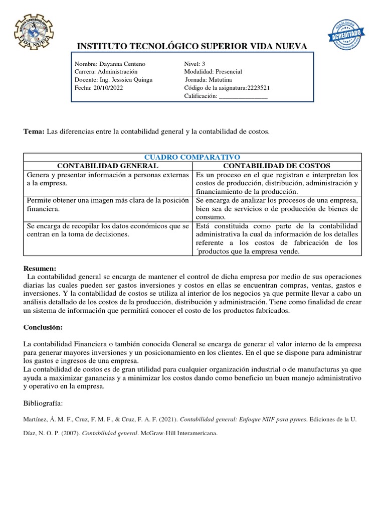 Diferencias entre contabilidad general y de costos | PDF | Contabilidad ...