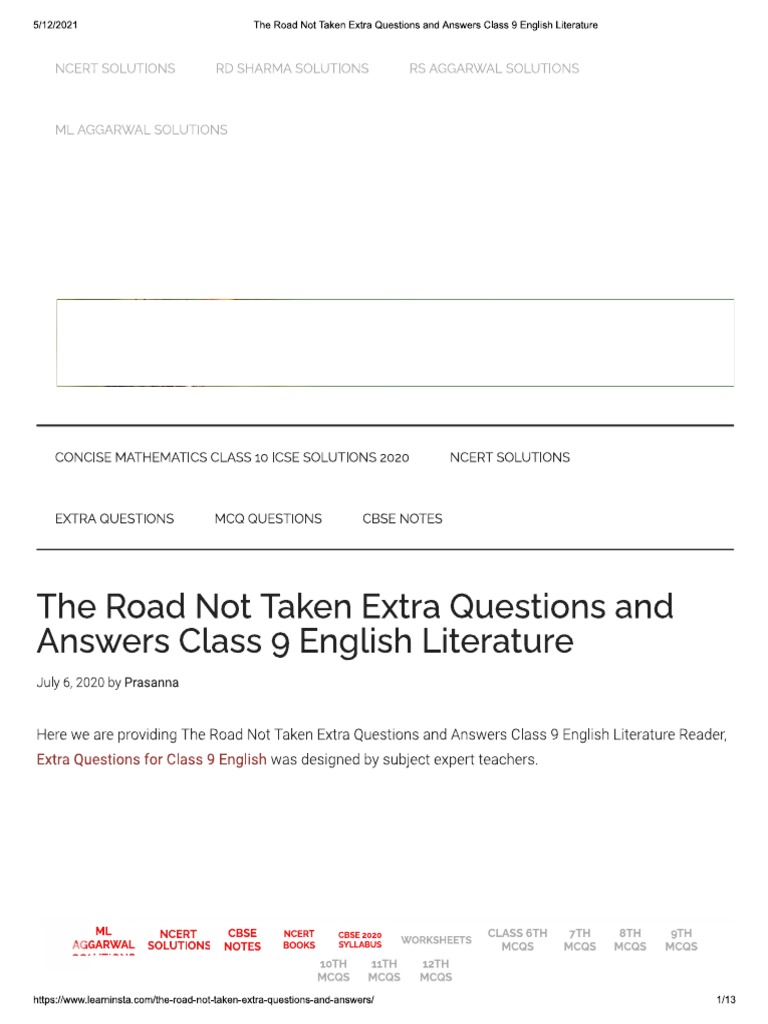 Extra Question of The Road Not Taken | PDF