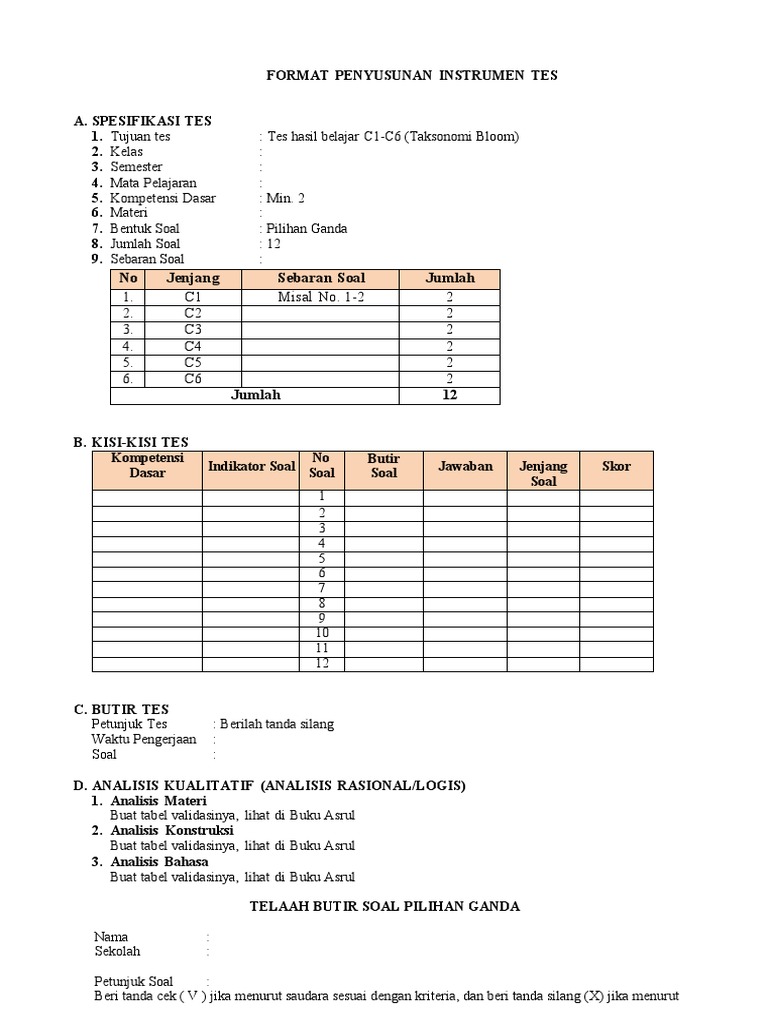 Contoh Format Kisi-Kisi Soal Tes | PDF