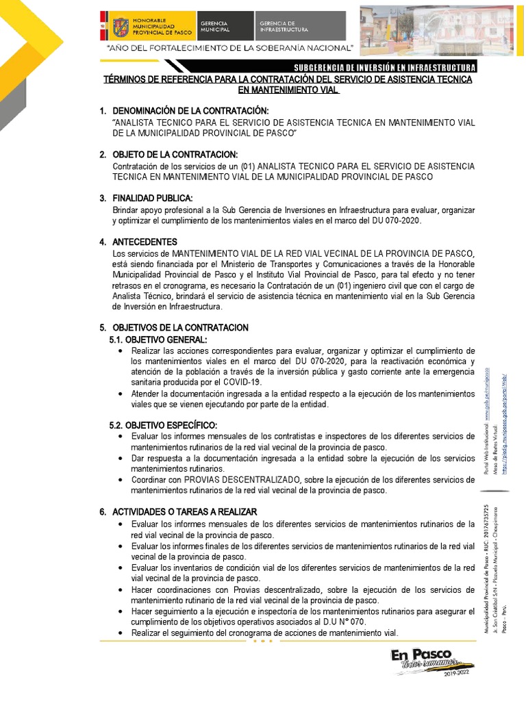 Contratación de asistencia técnica en mantenimiento vial para la ...
