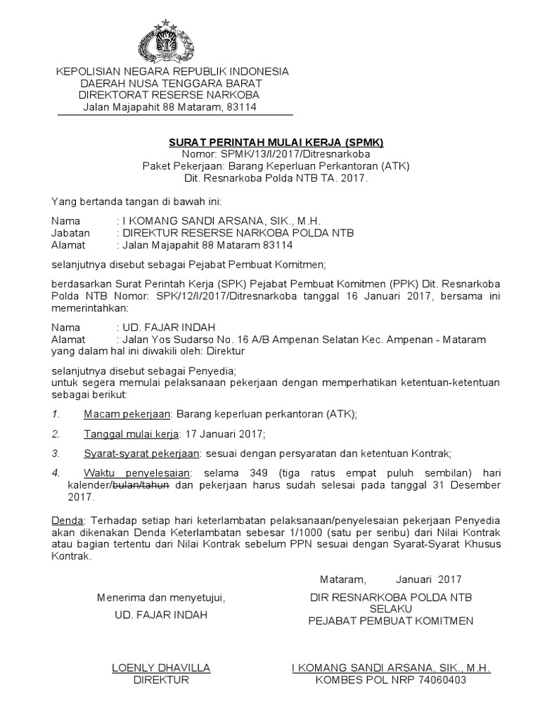 Surat Perintah Mulai Kerja ATK | PDF