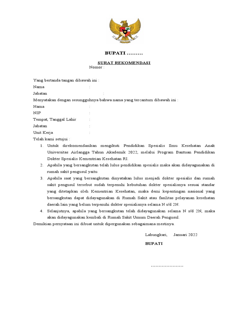 Surat Rekomendasi Bupati | PDF