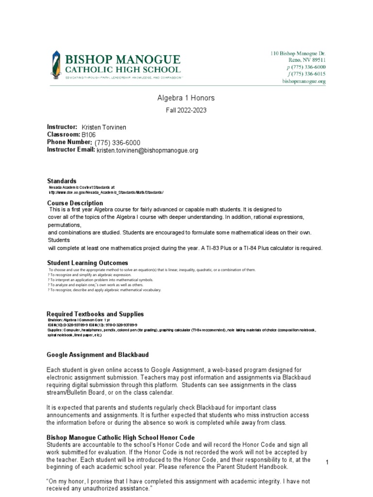 Algebra 1 Honors Course Overview | PDF | Academic Dishonesty | Algebra