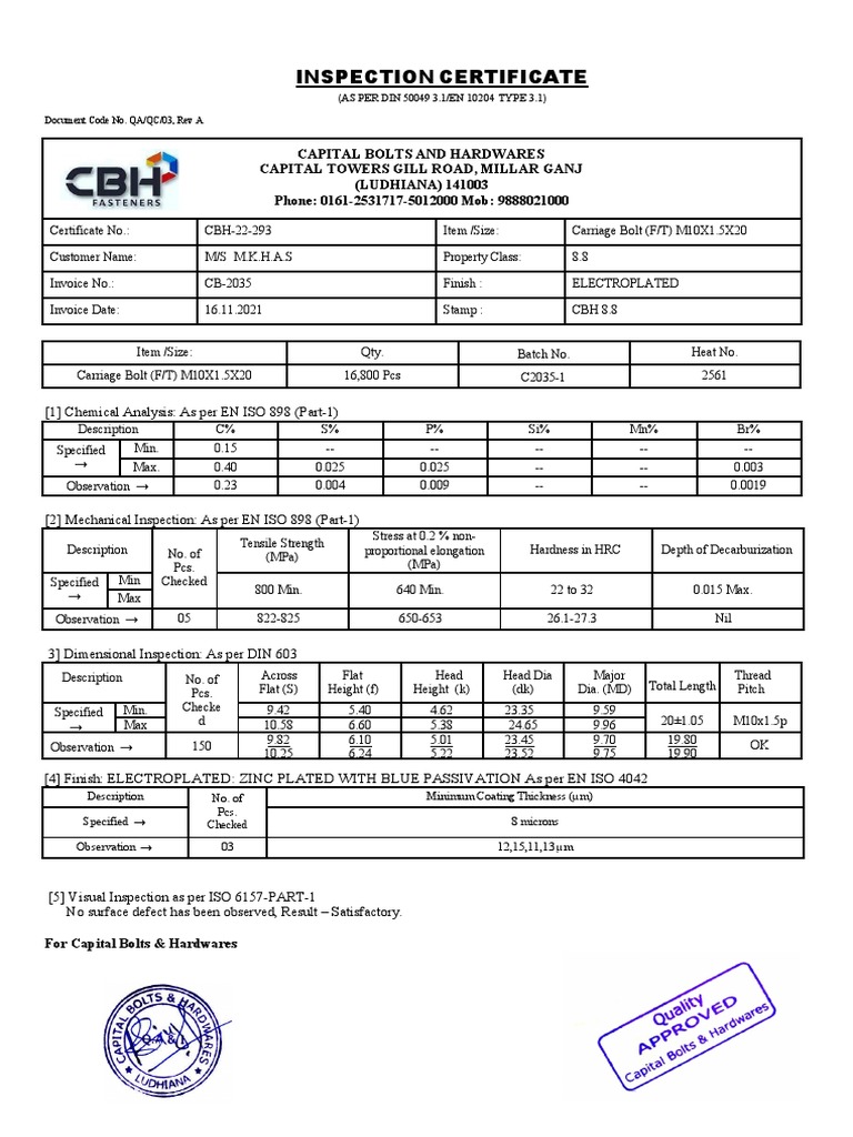 Carriage Bolt Inspection Certificate | PDF | Screw | Procedural Knowledge