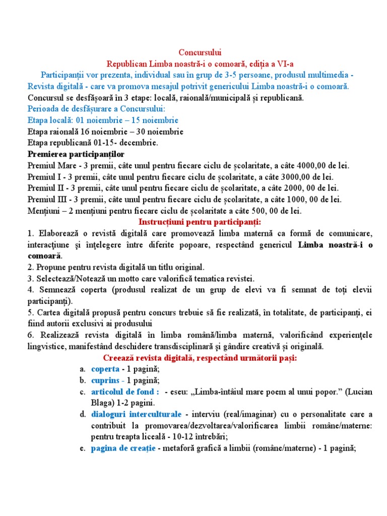 Concursului Limba Noastră | PDF