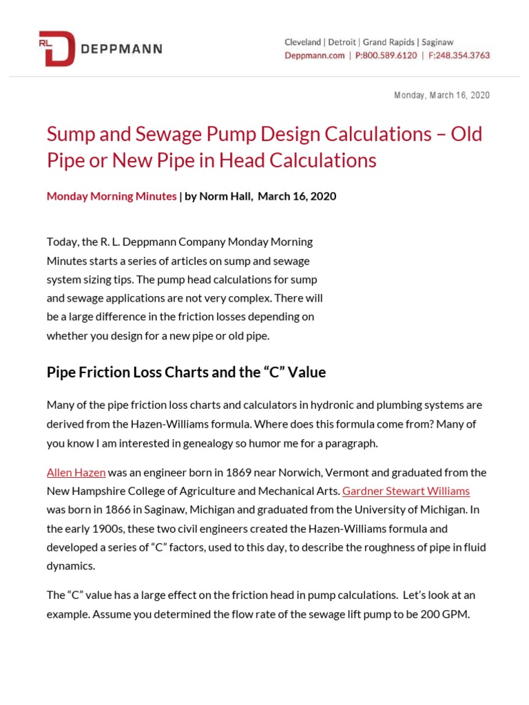 Sump and Sewage Pump Design Calculations Old Pipe or New Pipe in Head