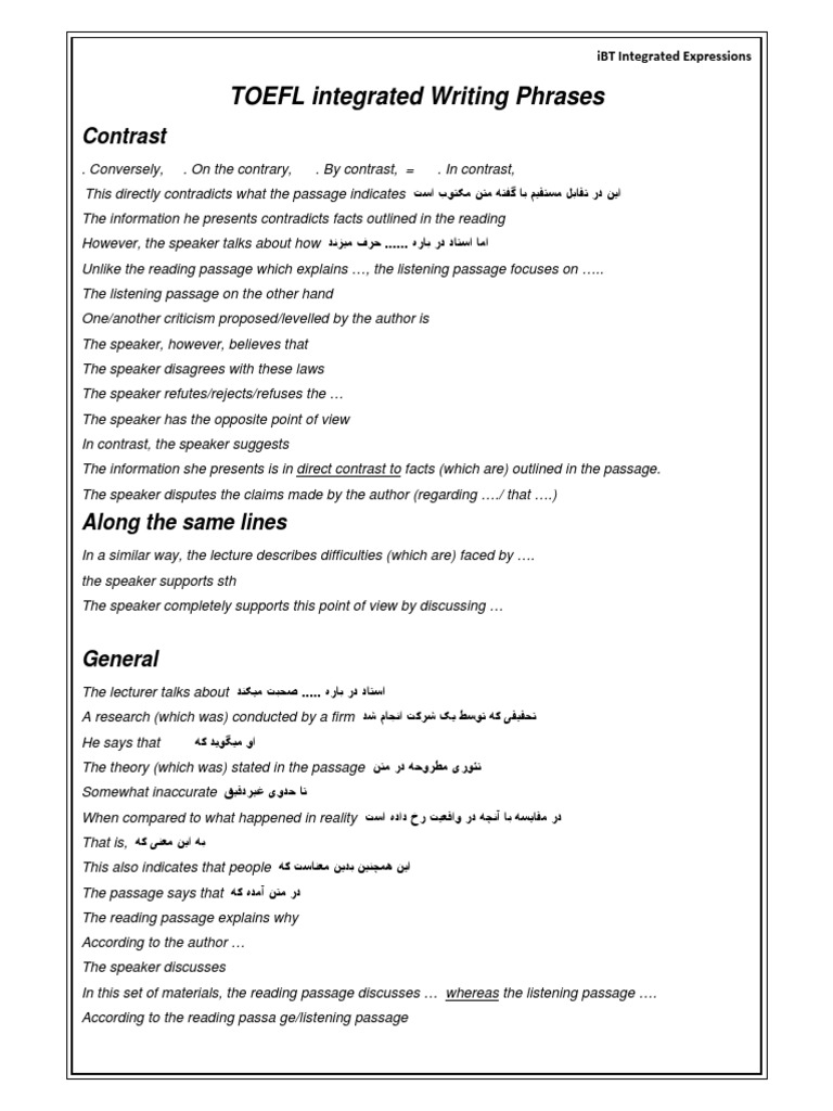 TOEFL Integrated Writing Phrases | PDF | Cognitive Science | Science