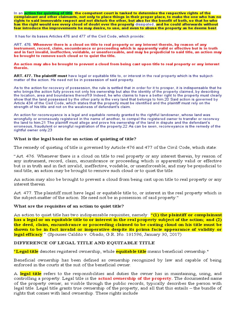 Quieting of Title | PDF | Title (Property) | Loans