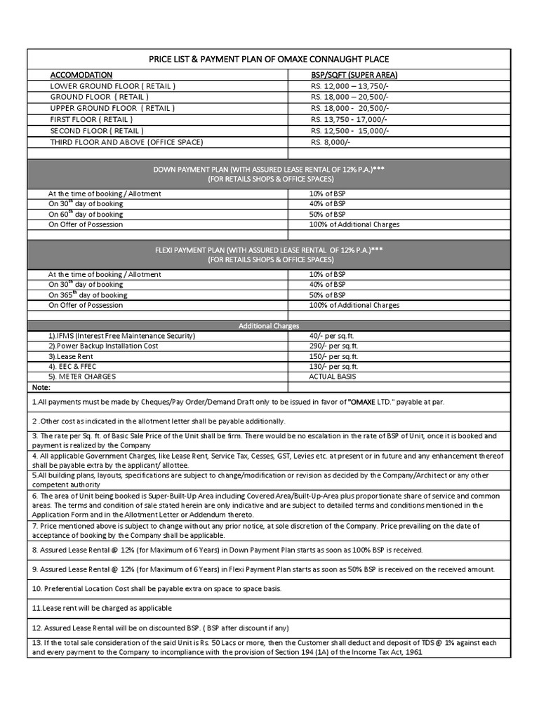 Omaxe Connaught Place Pricing & Plans | PDF | Lease | Renting